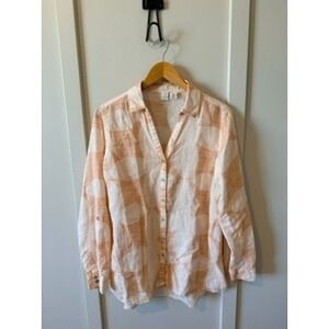 Joie Orange White Print 100% Linen Button Down Summer trendy Shirt Womens M